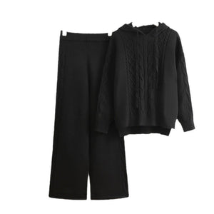 Knitted hooded drawstring threaded sweater wide - leg pants two - piece set - Negative Apparel
