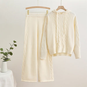 Knitted hooded drawstring threaded sweater wide - leg pants two - piece set - Negative Apparel