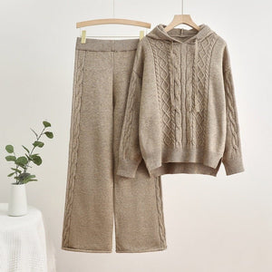 Knitted hooded drawstring threaded sweater wide - leg pants two - piece set - Negative Apparel