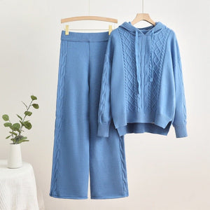 Knitted hooded drawstring threaded sweater wide - leg pants two - piece set - Negative Apparel