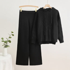 Knitted hooded drawstring threaded sweater wide - leg pants two - piece set - Negative Apparel