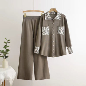 Knitted lapel cardigan leopard print color matching loose wide - leg pants two - piece set - Negative Apparel