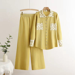 Knitted lapel cardigan leopard print color matching loose wide - leg pants two - piece set - Negative Apparel