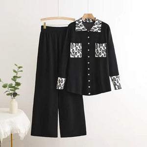 Knitted lapel cardigan leopard print color matching loose wide - leg pants two - piece set - Negative Apparel
