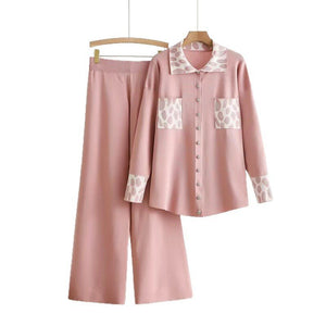 Knitted lapel cardigan leopard print color matching loose wide - leg pants two - piece set - Negative Apparel