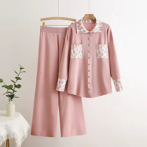 Knitted lapel cardigan leopard print color matching loose wide - leg pants two - piece set - Negative Apparel