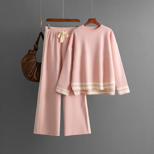 Knitted round neck loose pullover sweater + wide - leg pants two - piece set - Negative Apparel