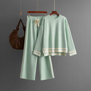 Knitted round neck loose pullover sweater + wide - leg pants two - piece set - Negative Apparel