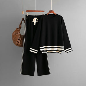 Knitted round neck loose pullover sweater + wide - leg pants two - piece set - Negative Apparel