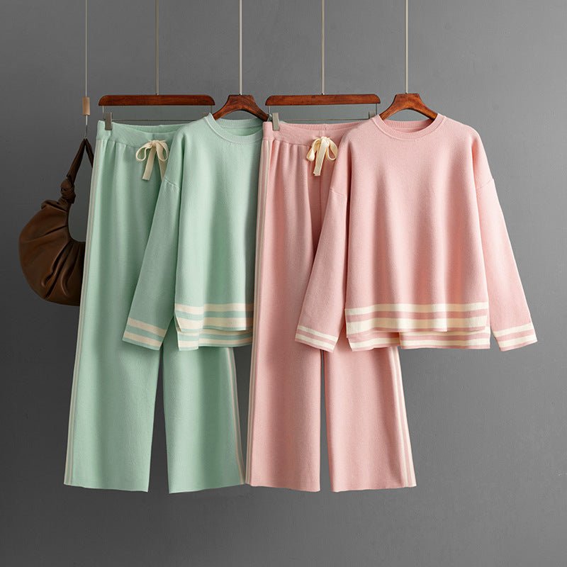 Knitted round neck loose pullover sweater + wide - leg pants two - piece set - Negative Apparel