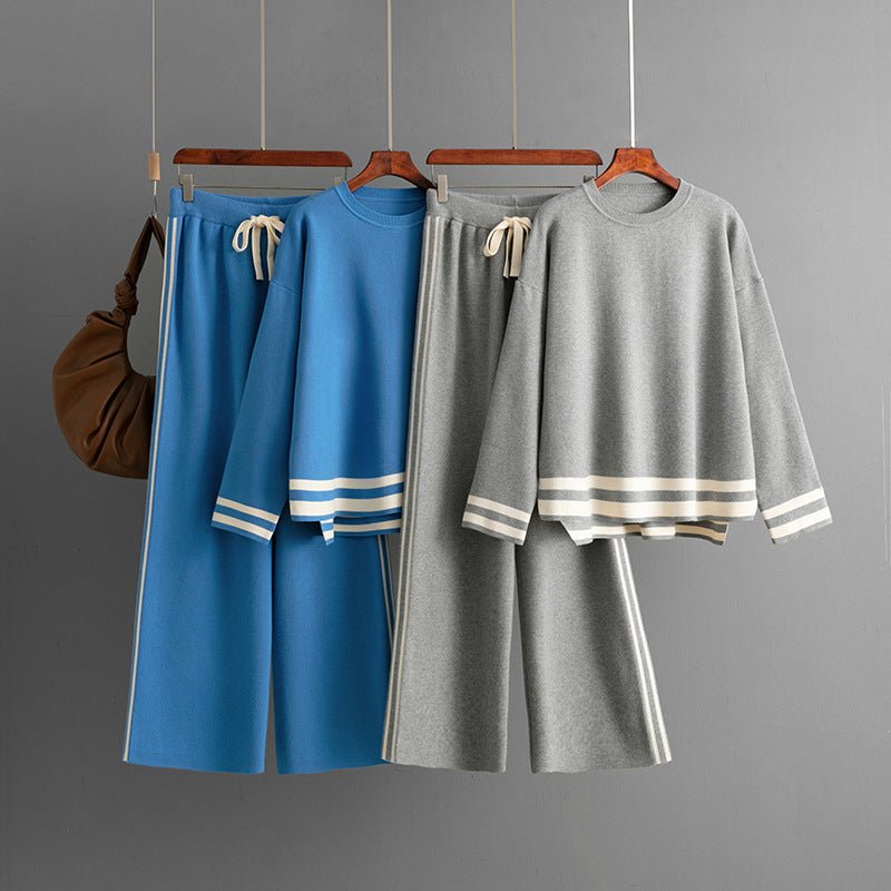 Knitted round neck loose pullover sweater + wide - leg pants two - piece set - Negative Apparel