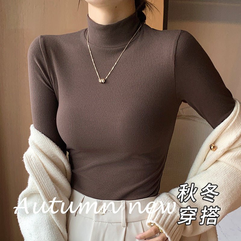 Knitted semi - turtleneck bottoming shirt women's new autumn and winter inner black and white autumn clothes foreign style mid - neck pullover long sleeves - Negative Apparel