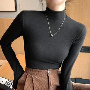 Knitted semi - turtleneck bottoming shirt women's new autumn and winter inner black and white autumn clothes foreign style mid - neck pullover long sleeves - Negative Apparel