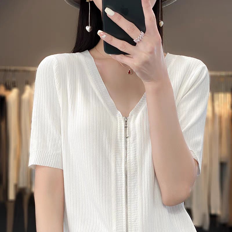 Knitted short - sleeved t-shirt women's summer ice silk zipper cardigan top low - necked loose and thin V - neck zipper jacket women's trend - Negative Apparel