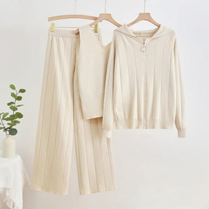 Knitted suit women's casual fashion zipper jacket + vest + wide - leg pants sports three - piece set - Negative Apparel