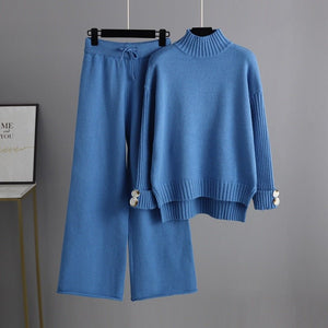 Knitted suit women's semi - turtleneck sweater thickened outer wear loose two - piece set - Negative Apparel