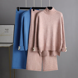 Knitted suit women's semi - turtleneck sweater thickened outer wear loose two - piece set - Negative Apparel