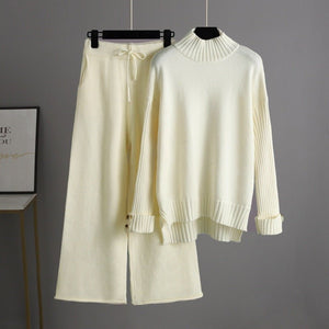 Knitted suit women's semi - turtleneck sweater thickened outer wear loose two - piece set - Negative Apparel