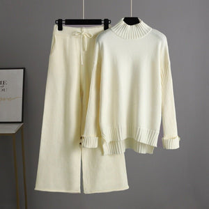 Knitted suit women's semi - turtleneck sweater thickened outer wear loose two - piece set - Negative Apparel