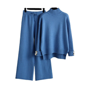 Knitted suit women's semi - turtleneck sweater thickened outer wear loose two - piece set - Negative Apparel