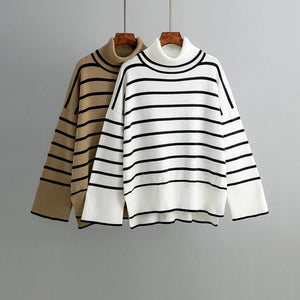 Knitted Sweater Pullover Contrast Color Striped Turtleneck Sweater - Negative Apparel