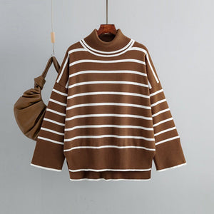 Knitted Sweater Pullover Contrast Color Striped Turtleneck Sweater - Negative Apparel