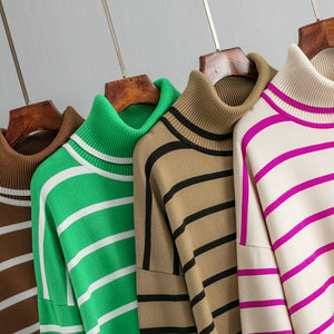 Knitted Sweater Pullover Contrast Color Striped Turtleneck Sweater - Negative Apparel