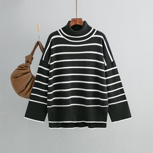 Knitted Sweater Pullover Contrast Color Striped Turtleneck Sweater - Negative Apparel