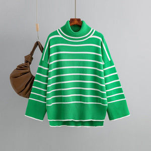 Knitted Sweater Pullover Contrast Color Striped Turtleneck Sweater - Negative Apparel