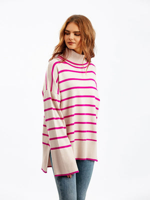 Knitted Sweater Pullover Contrast Color Striped Turtleneck Sweater - Negative Apparel