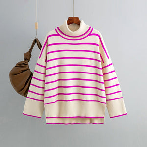 Knitted Sweater Pullover Contrast Color Striped Turtleneck Sweater - Negative Apparel