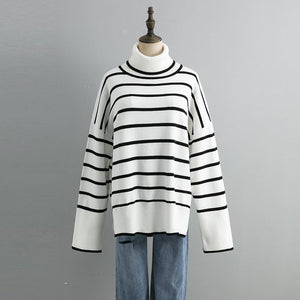 Knitted Sweater Pullover Contrast Color Striped Turtleneck Sweater - Negative Apparel
