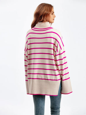 Knitted Sweater Pullover Contrast Color Striped Turtleneck Sweater - Negative Apparel