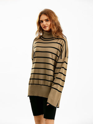 Knitted Sweater Pullover Contrast Color Striped Turtleneck Sweater - Negative Apparel