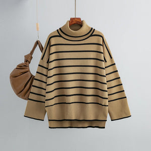 Knitted Sweater Pullover Contrast Color Striped Turtleneck Sweater - Negative Apparel