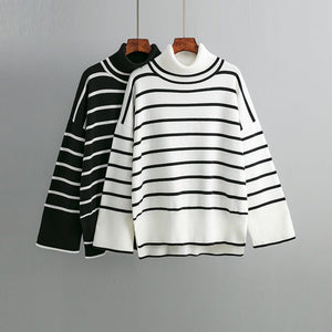 Knitted Sweater Pullover Contrast Color Striped Turtleneck Sweater - Negative Apparel