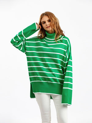 Knitted Sweater Pullover Contrast Color Striped Turtleneck Sweater - Negative Apparel