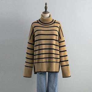Knitted Sweater Pullover Contrast Color Striped Turtleneck Sweater - Negative Apparel