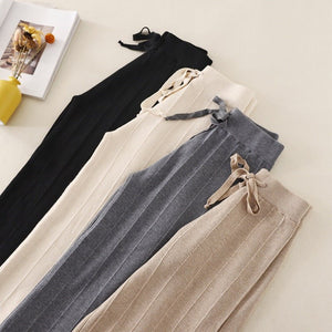 Knitted thick wide - leg pants for women high waist loose drape straight casual long pants loose vertical stripes - Negative Apparel