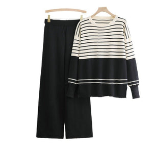 Knitted two - piece set crew neck sweater loose casual 2 piece set - Negative Apparel