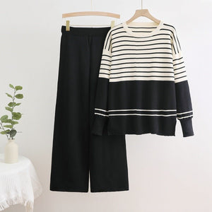 Knitted two - piece set crew neck sweater loose casual 2 piece set - Negative Apparel