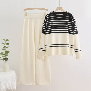 Knitted two - piece set crew neck sweater loose casual 2 piece set - Negative Apparel