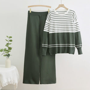 Knitted two - piece set crew neck sweater loose casual 2 piece set - Negative Apparel