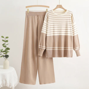 Knitted two - piece set crew neck sweater loose casual 2 piece set - Negative Apparel