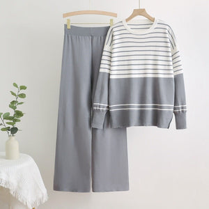 Knitted two - piece set crew neck sweater loose casual 2 piece set - Negative Apparel