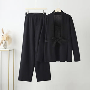 Knitted two - piece V - neck jacket wide - leg pants - Negative Apparel