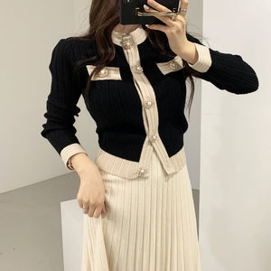 Korean chic elegant light slim and thin color matching knitted cardigan women's sweater jacket + knitted skirt - Negative Apparel