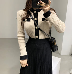 Korean chic elegant light slim and thin color matching knitted cardigan women's sweater jacket + knitted skirt - Negative Apparel