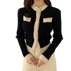 Korean chic elegant light slim and thin color matching knitted cardigan women's sweater jacket + knitted skirt - Negative Apparel