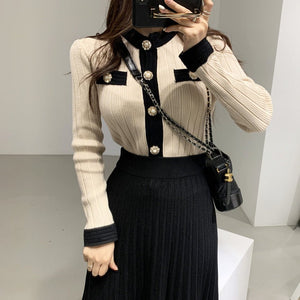 Korean chic elegant light slim and thin color matching knitted cardigan women's sweater jacket + knitted skirt - Negative Apparel